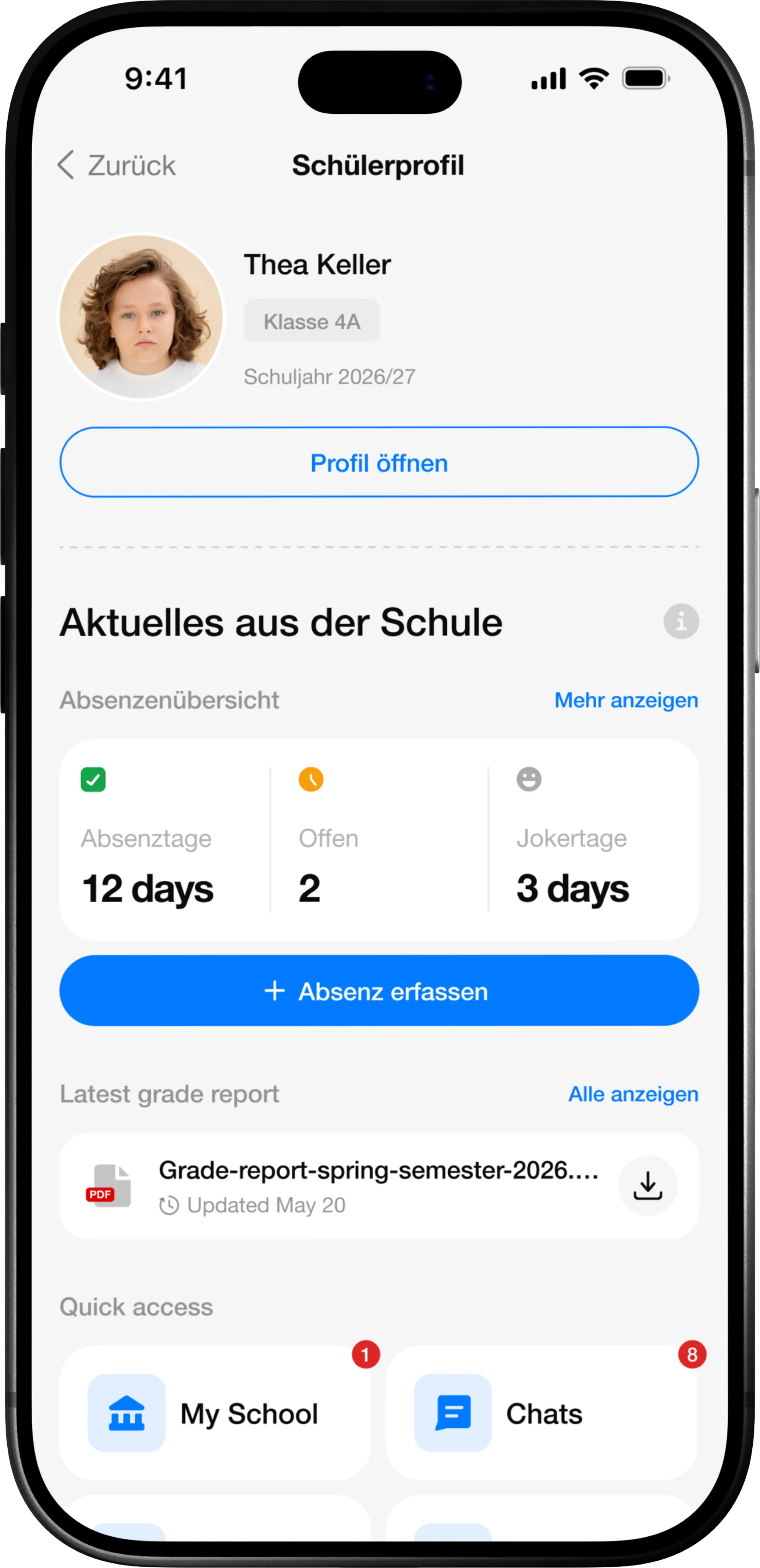 ClassOwl: Schülerprofil mit Absenzenübersicht.